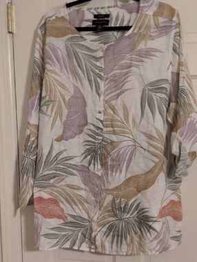 Tahari Button-Front Tropical Leaf Print Shirt - Lavender, Green, Tan, Coral